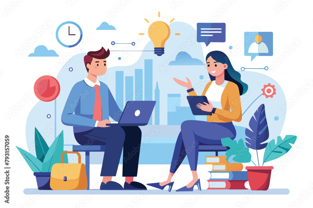 A man and a woman sitting on a bench, engaged in a discussion while working on a laptop, entrepreneurs discussing business development, Simple and minimalist flat Vector Illustration