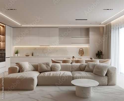 Modern interior of the living room and kitchen in an apartment with white walls  beige sofa  dining table and chairs  lighting  decorative elements on the wall  carpeted floor