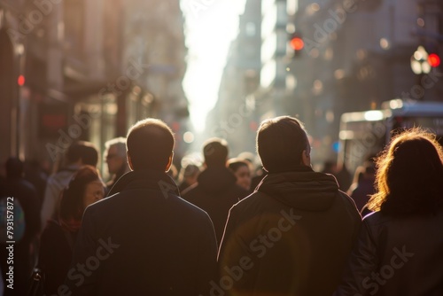Rear view of a group of people walking on the street.