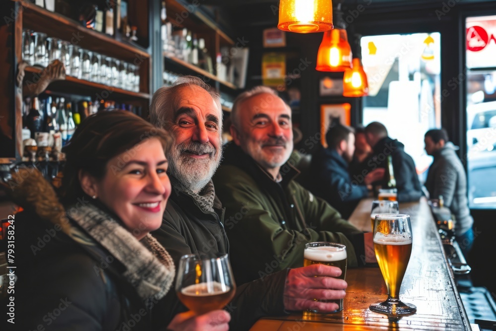 Group of senior people drinking beer in a pub. Focus on senior man.