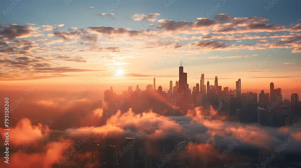 Naklejka premium City skyline shrouded in fog