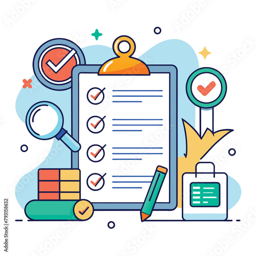 A clipboard with a checklist on it and a magnifying glass inspecting the items listed, Evaluation of company regulations, Simple and minimalist flat Vector Illustration