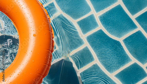 Detail of orange inflatable ring floating in swimming pool in sunny day. Full screen and space for text, top view.
