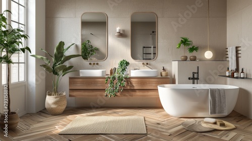 bathroom interior with double sink and mirror  carpet on hardwood floor  bathtub  plants. 