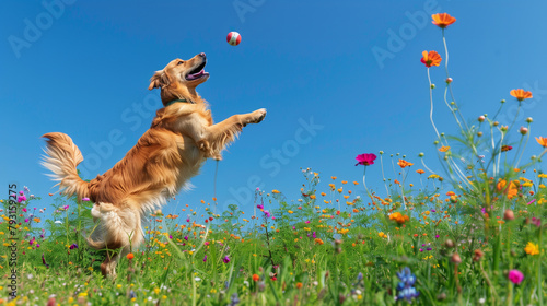 Joyful Golden Retriever Catching Ball in Flower Field with the blue sky in the back