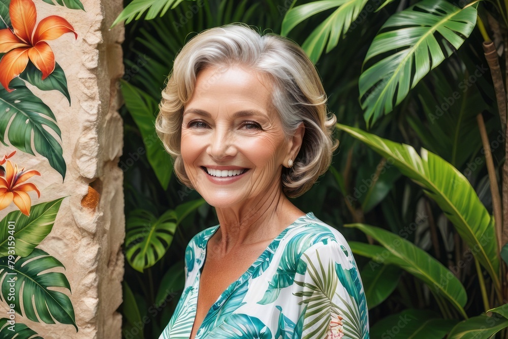 Charming Senior Woman Radiating Vacation Vibes. Captivating Ad Space Charming Senior Woman Radiating Vacation Vibes. Captivating Ad Space