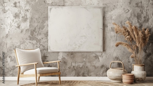 A white framed picture hangs on a wall in a room with a wooden chair and a rug. The room has a minimalist and modern feel, with the white frame and chair being the main focal points