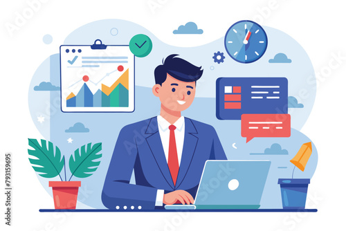 An executive manager sitting at a desk, focused on a laptop screen, Executive manager planning and monitoring, Simple and minimalist flat Vector Illustration