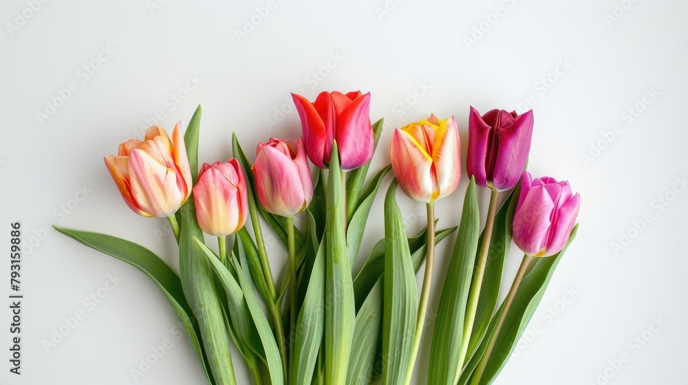 Obraz premium Celebrate special occasions with a vibrant bouquet of tulips blooming against a crisp white backdrop perfect for Women s Day Mother s Day or birthdays
