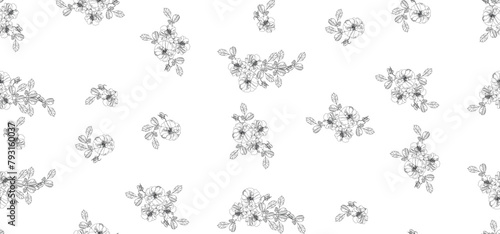 Pattern of flowers, buds and leaves of roses in vintage style