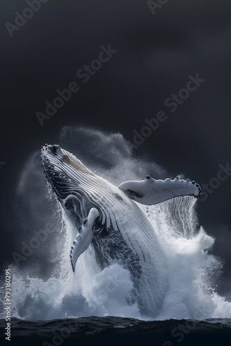 Humpback Whale Jumping and Breaching the Water in Majestic Splash against Soft Dark Clouds