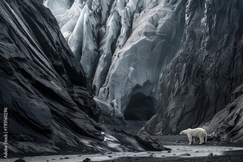 Polar Bear Against Rock Formation with Melting Glacier Stream showing Climate Change and habitat destruction