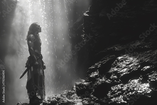 Stoic Warrior in Cave Muscular Ancient Figure Under Waterfall Light