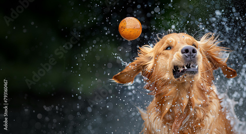 Funny Golden Retriever Dog Catching Ball in Water Splash, Space for Text