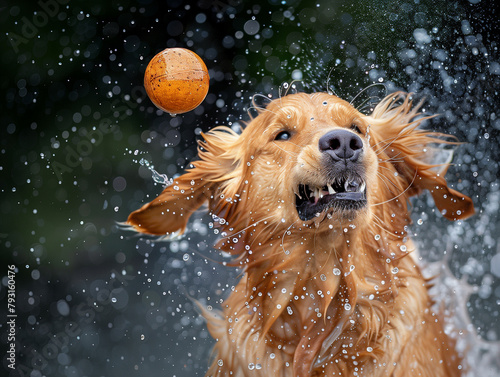 Funny Golden Retriever Catching Ball in Water Splash