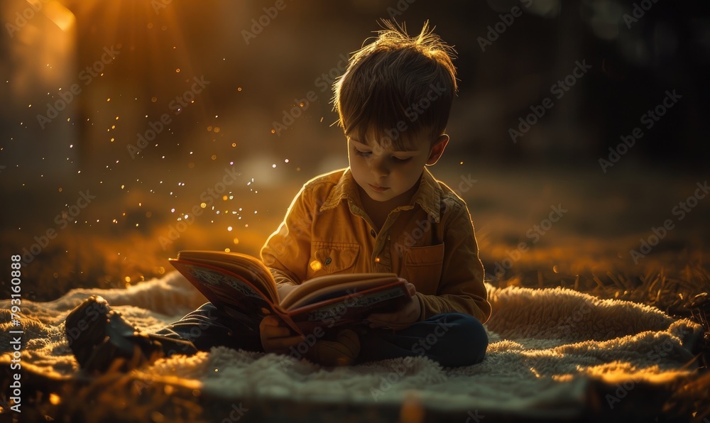 A kid boy reading a book - obrazy, fototapety, plakaty 