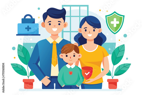 A man, woman, and child standing together in front of a shield, Family life insurance with young parents and kid trending, Simple and minimalist flat Vector Illustration