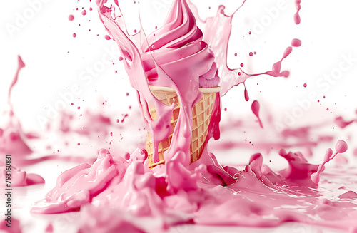 A ice cream cone with pinkish-white, slightly muscular arms and legs is falling on the ground, its liquid cherry-pink color splashing everywhere against a white background. generative AI 