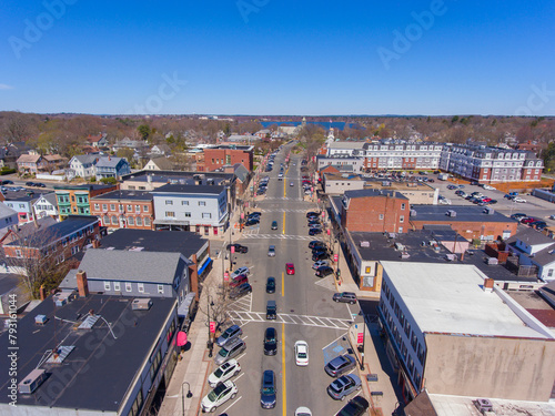 Wakefield historic town center aerial view on Main Street in Wakefield, Massachusetts MA, USA. 