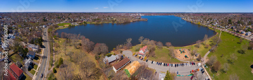 Wakefield Lake Quannapowitt panoramic aerial view in historic town center of Wakefield, Massachusetts MA, USA.  photo