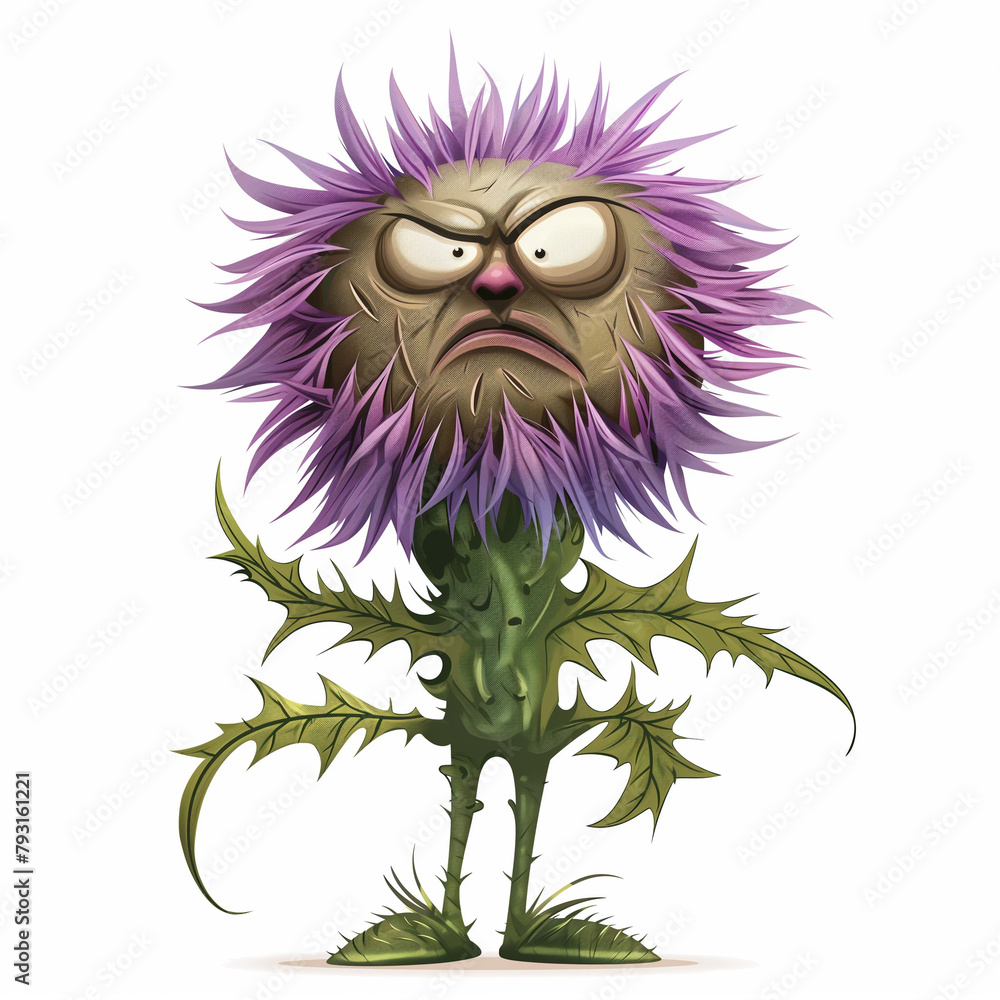 Fototapeta premium scottish thistle flower as a stick man figure with an angry expression on its face. cartoon style on a white background