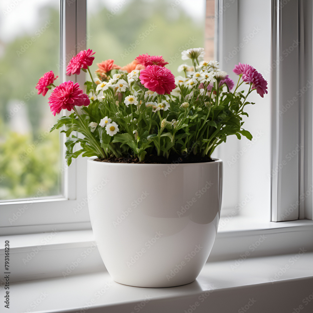 A white pot filled with colorful flowers placed on a windowsill with a view of greenery outside A white pot filled with colorful flowers placed on a windowsill with a view of greenery outside