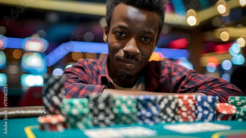 Confident young African man winning at casino table surrounded by poker chips. Concept Gambling, Winning, Casino, Confidence, Poker
