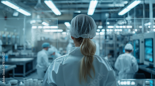 The woman looks out over a state-of-the-art facility, workers in full protective attire conducting detailed inspections of sterile packaging lines.