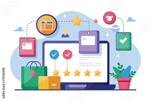 A close-up view of a laptop screen displaying a check mark symbol, Feedback, online shopping, Simple and minimalist flat Vector Illustration