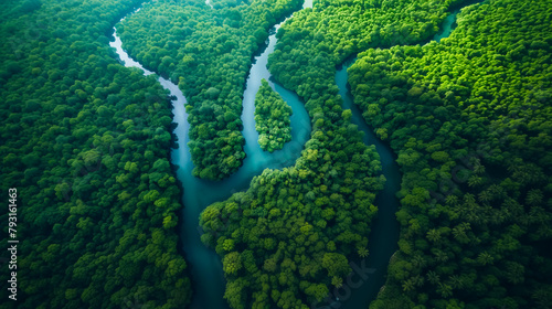 Aerial view river and green forest