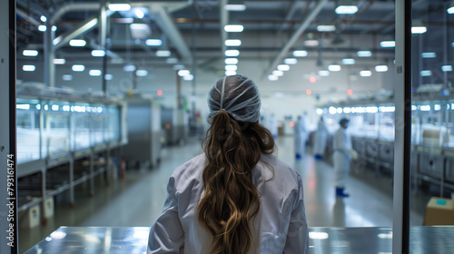 The woman looks out over a state-of-the-art facility, workers in full protective attire conducting detailed inspections of sterile packaging lines.