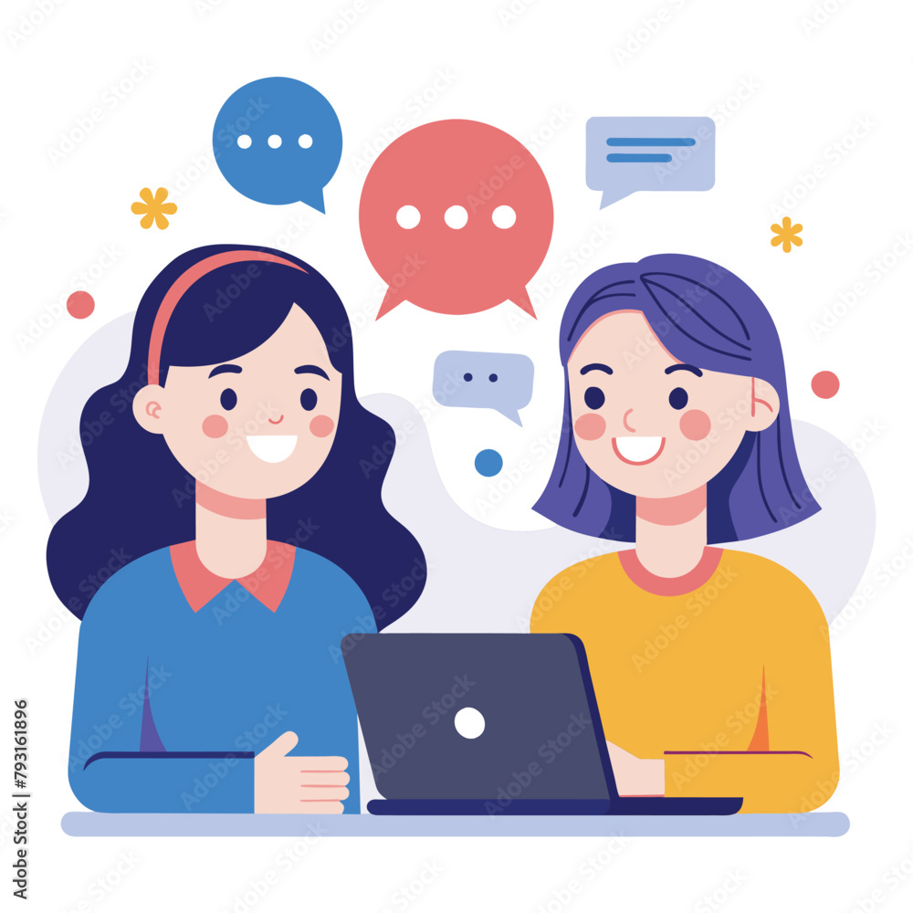 Two Women Engaged in Online Chatting, Female friends chatting online and smiling, communications and networks customer service, Simple and minimalist flat Vector Illustration Two Women Engaged in Online Chatting, Female friends chatting online and smiling, communications and networks customer service, Simple and minimalist flat Vector Illustration