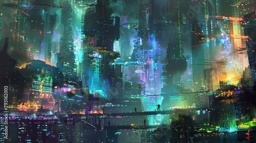 This is a painting of a city at night. The colors are vibrant  with purples  blues  and yellows dominating the skyline. The painting has a futuristic feel to it  with tall buildings and a sense of mov