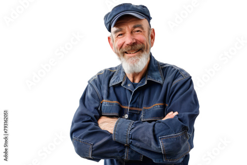 Portrait studio smiling mature maintenance plumber or Handyman wear uniform posing with smart look, repair and fix, isolated on transparent png background. © somsuda