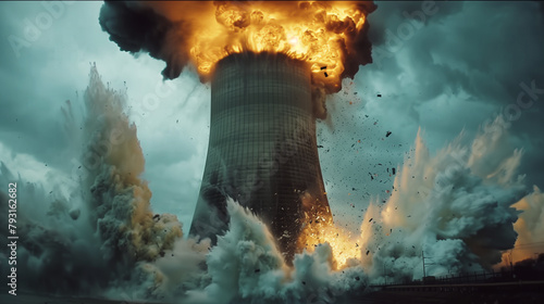 Dramatic slow-motion footage captures the rupture of a cooling tower following a missile strike, with cascading debris and plumes of steam adding to the spectacle of destruction. photo