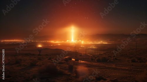 Aerial view of a missile striking a critical energy infrastructure site, with the explosion illuminating the night sky and casting an ominous glow over the surrounding landscape. photo
