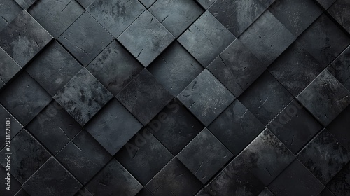   A wall, half black and half gray, bears a pattern of squares and rectangles centrally located The floor shares this design motif photo