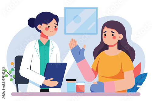 A female patient with a broken hand consults with a doctor at a table in a medical office, female patient with broken hand consults doctor, Simple and minimalist flat Vector Illustration