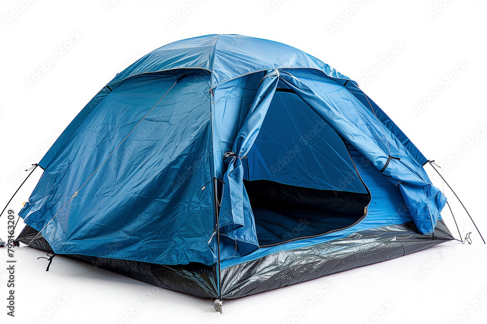 Blue Tent With Open Door on White Background