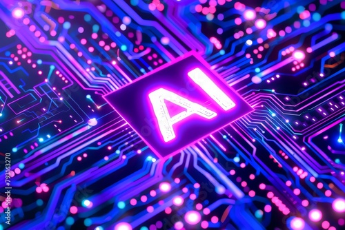  A computer chip bearing the letter A against a purple and blue background, surrounded by orbs of radiant light