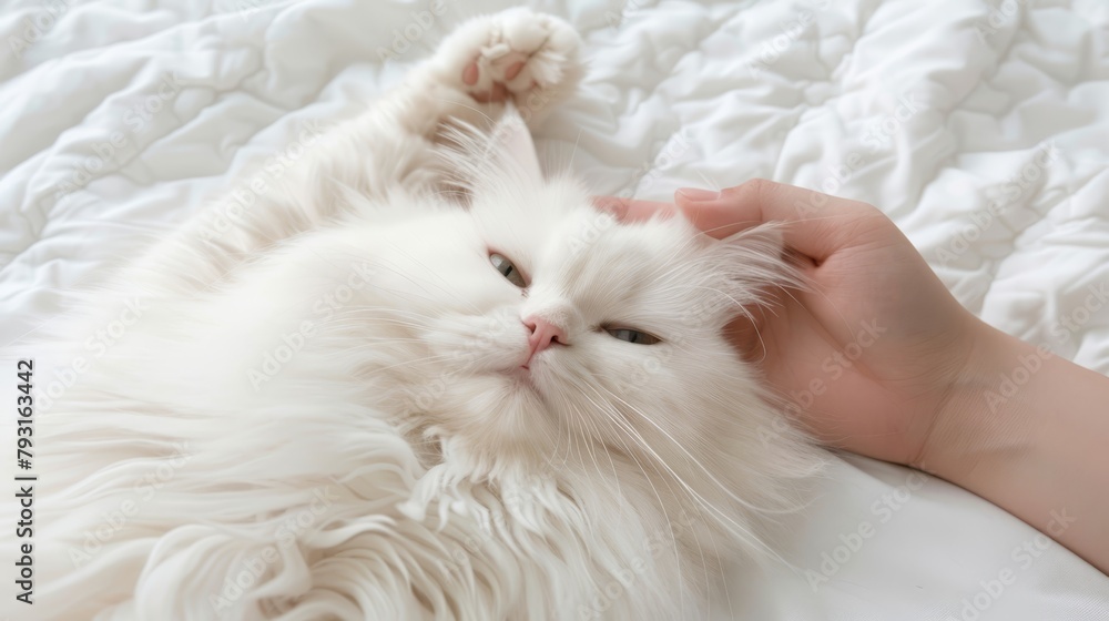   A tight shot of someone stroking a white cat atop a pristine white bed, featuring a crisp white comforter