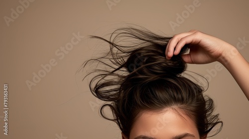   A tight shot of a woman's head, hands resting above, wind tousling her hair photo