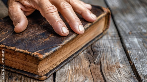  A tight shot of hands hovering over a book on a weathered wooden table, its planks visible