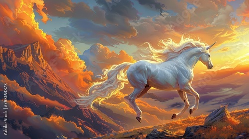  A white unicorn gallops across an open field, a mountain looms in the distance, and clouds scatter the sky above