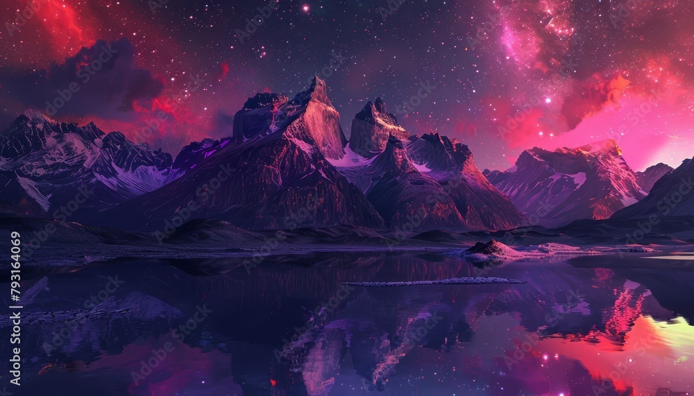   A painting of a mountain range with a lake in the foreground and a star-filled sky in the background