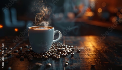  A cup of coffee atop a wooden table, surrounded by coffee beans, emits steam