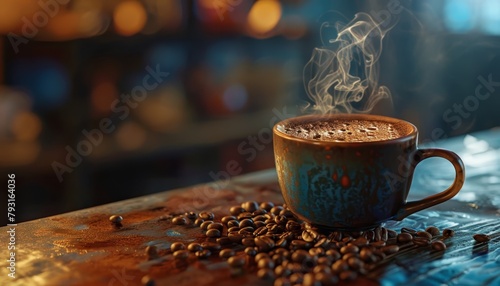  A cup of coffee atop a table, laden with coffee beans Steam ascends from the cup's peak