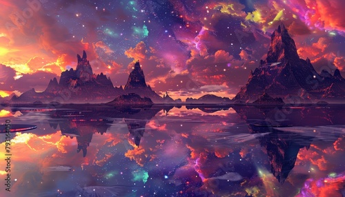  Mountains and a body of water Colorful sky with stars and clouds above