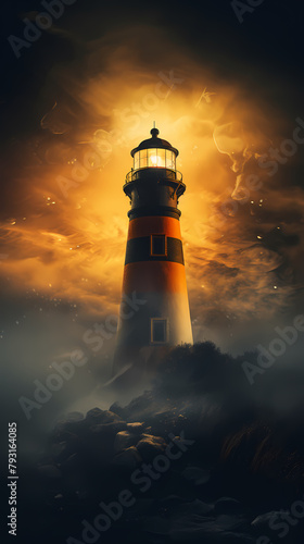 Lighthouse gleaming in the dark, foggy sea