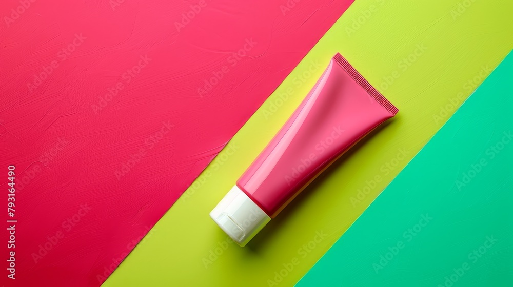 A tube of pink toothpaste sits atop a multicolored wall Nearby stands a tube of toothpaste with various colors A tube of pink toothpaste sits atop a multicolored wall Nearby stands a tube of toothpaste with various colors